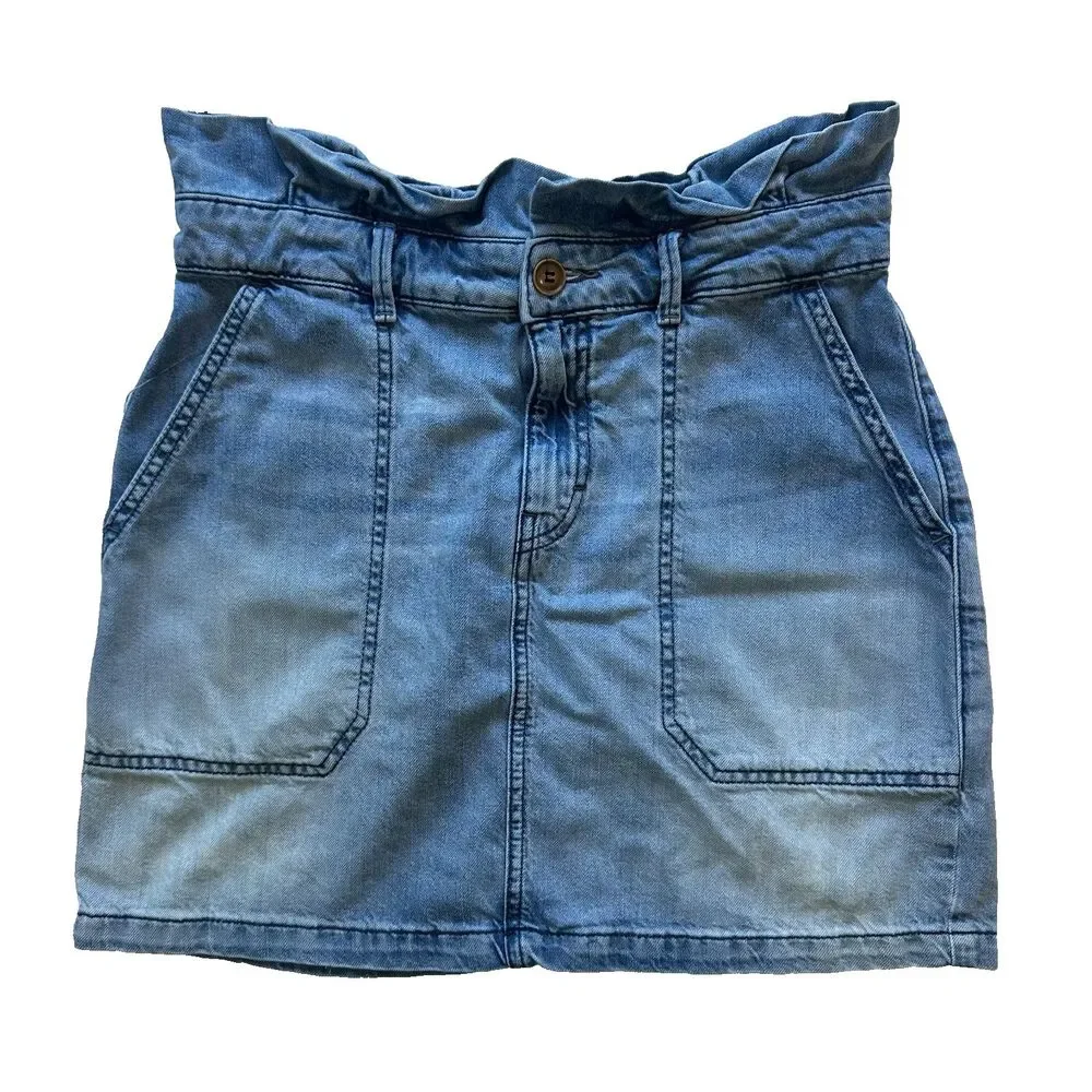 Free People Splendor In The Grass Paperbag Denim Tie Waist Mini Skirt Size 8